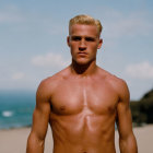 Blonde man on beach with neutral expression