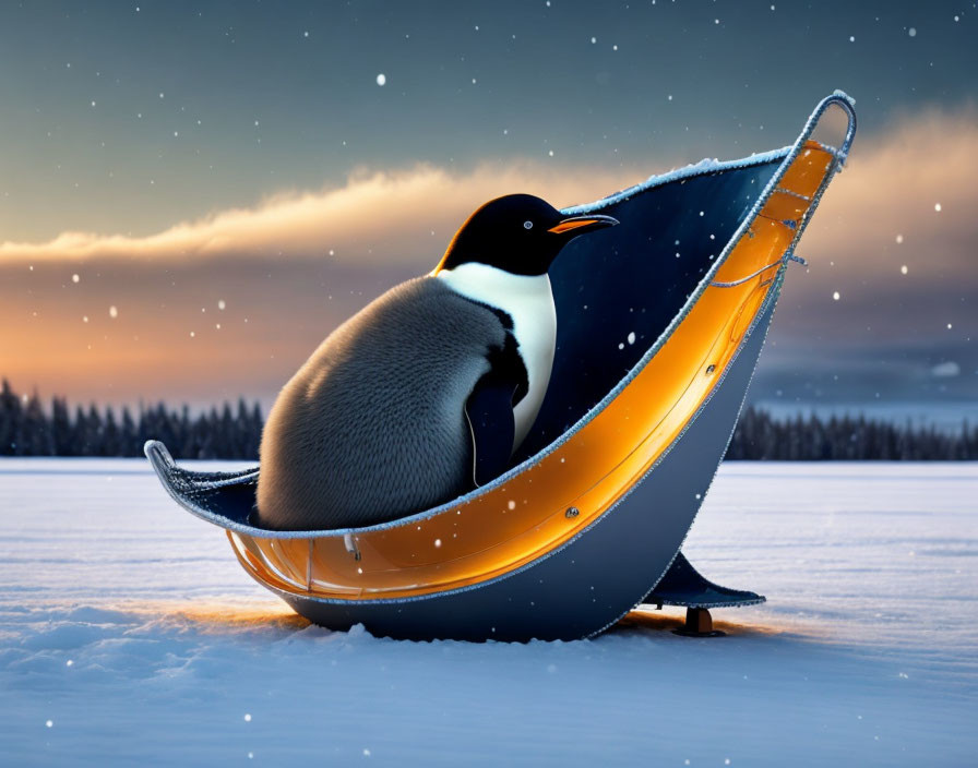 Penguin resting in upside-down umbrella on snowy twilight landscape