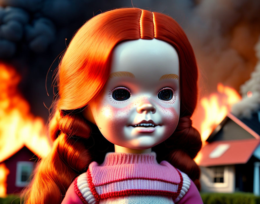 3D-rendered doll with red hair and braids smiling in front of burning house