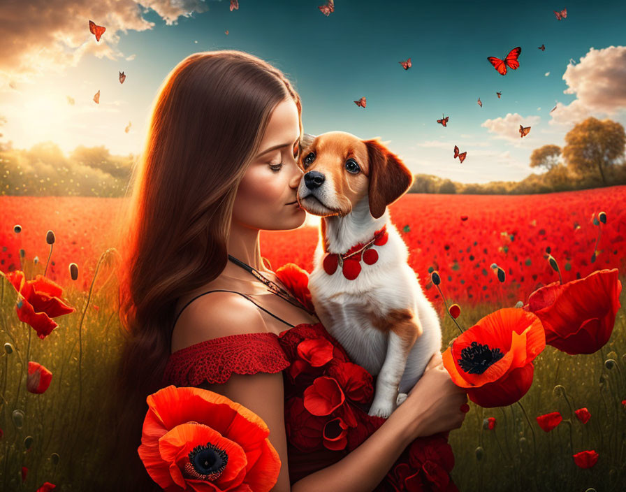 Young woman holding small dog in vibrant poppy field with fluttering butterflies at sunset