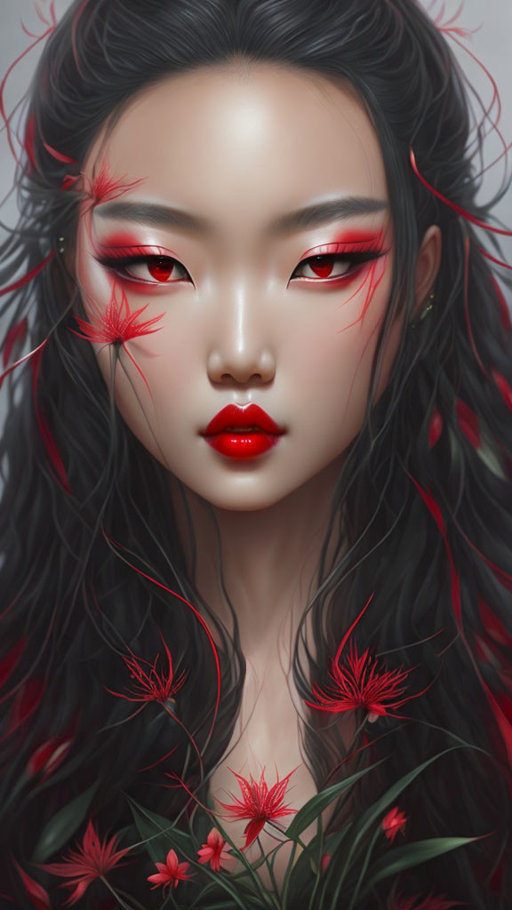 Digital portrait of woman with red eye makeup and flowers in hair