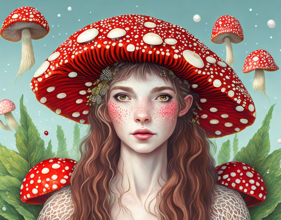 Surreal portrait of woman with large red mushroom cap hat surrounded by smaller mushrooms and green foliage