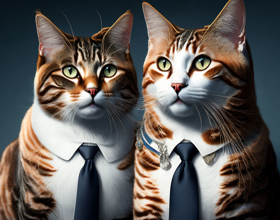 Two cats in business attire with ties on grey background