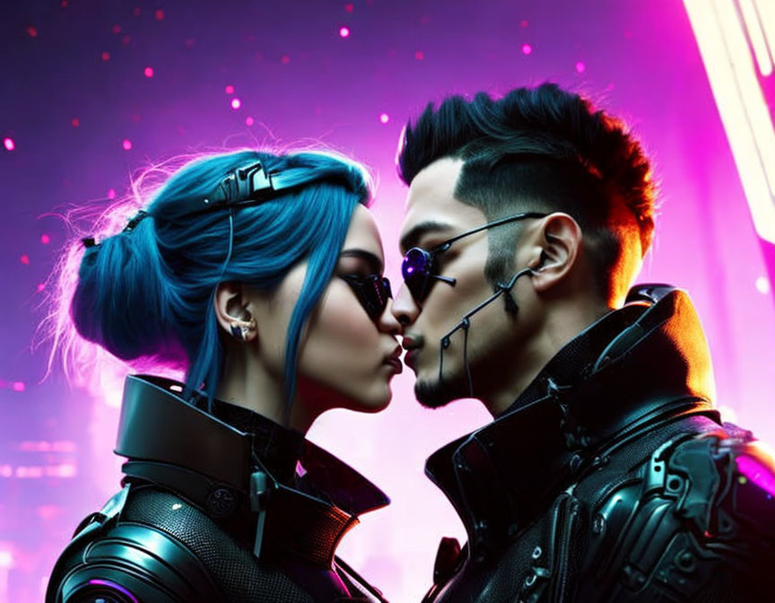 Stylized couple with colorful hair in futuristic outfits kissing under neon lights