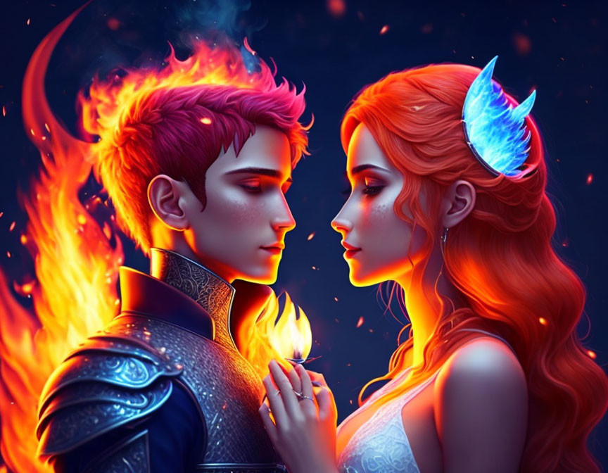 Fantasy digital artwork of man and woman with fiery hair and glowing horn.