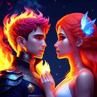 Fantasy digital artwork of man and woman with fiery hair and glowing horn.