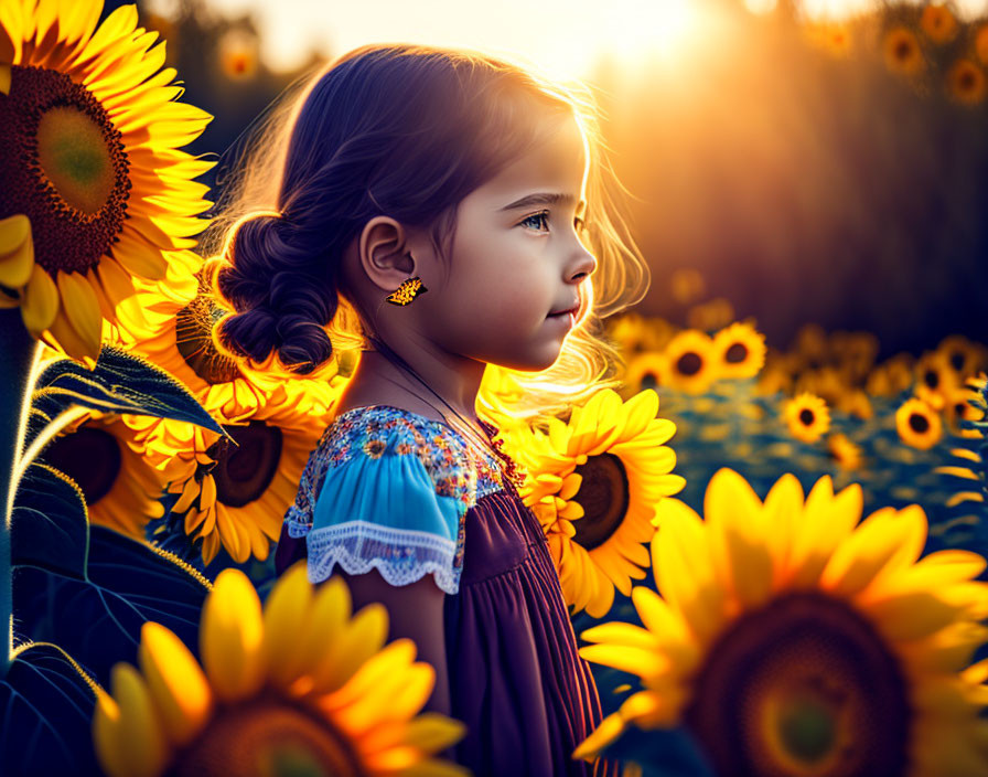 Young girl with braided hair in sunflower field at golden hour