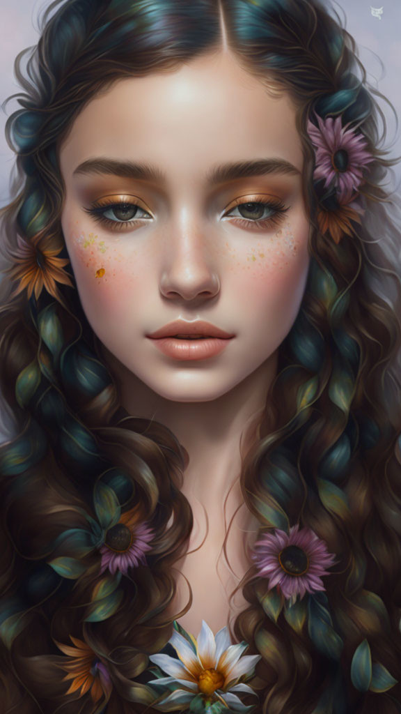 Detailed Digital Portrait of Young Woman with Wavy Hair and Colorful Flowers