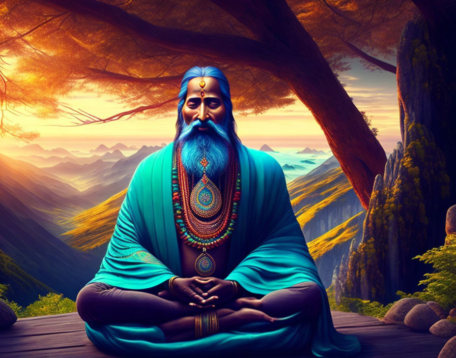 Blue-Skinned Figure Meditating Under Tree at Sunset