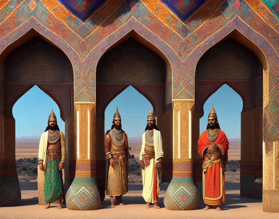 Three individuals in traditional Middle Eastern attire by intricately designed arched structure