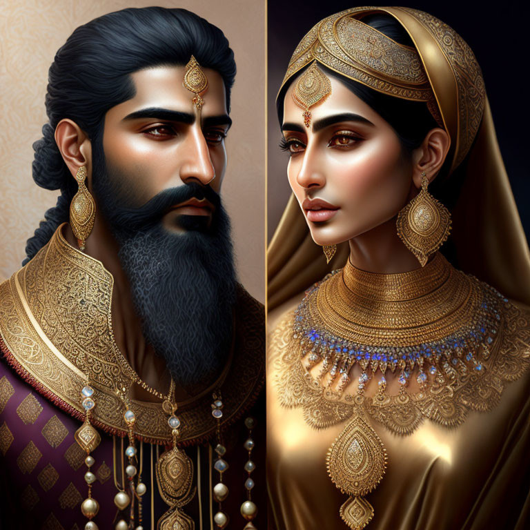 Traditional Indian Attire Illustration of Regal Man and Woman