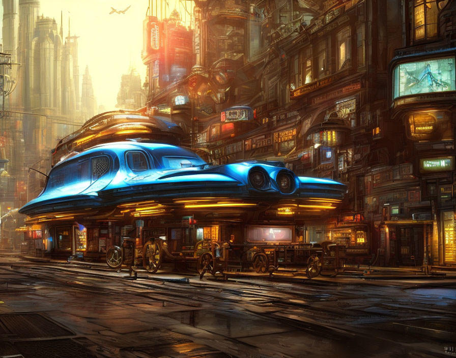Futuristic cityscape with neon signs, towering buildings, and hovering blue car