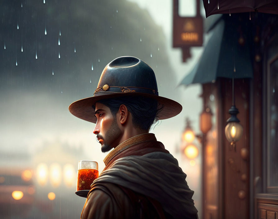 Man in Bowler Hat with Whiskey Glass in Rainy Scene