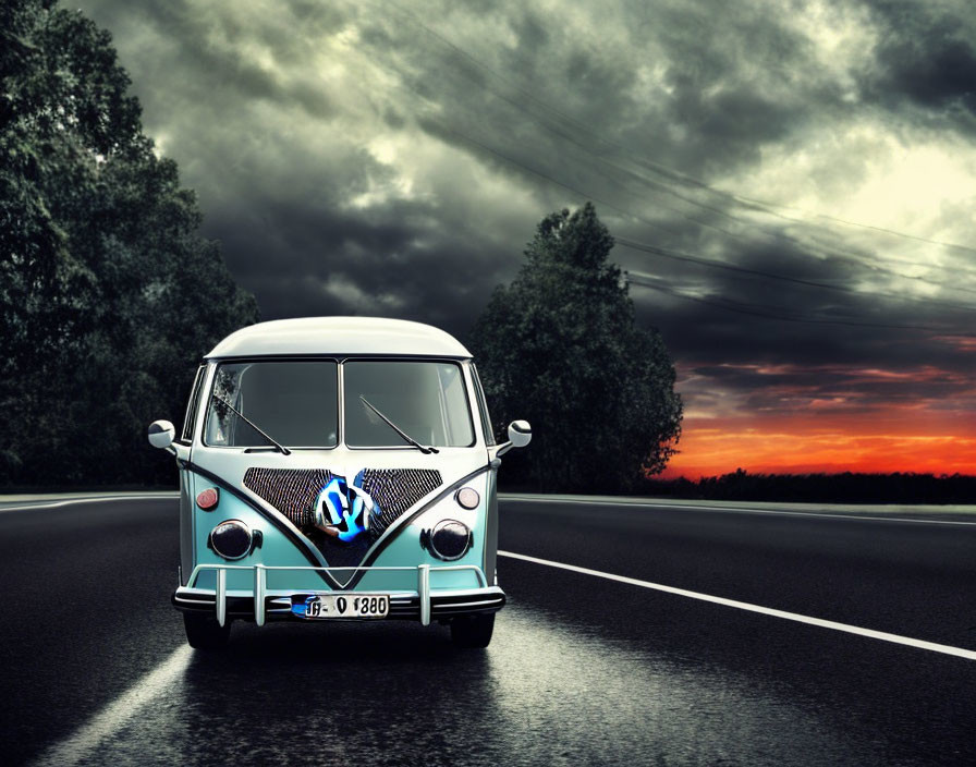 Classic Van Driving on Asphalt Road at Sunset