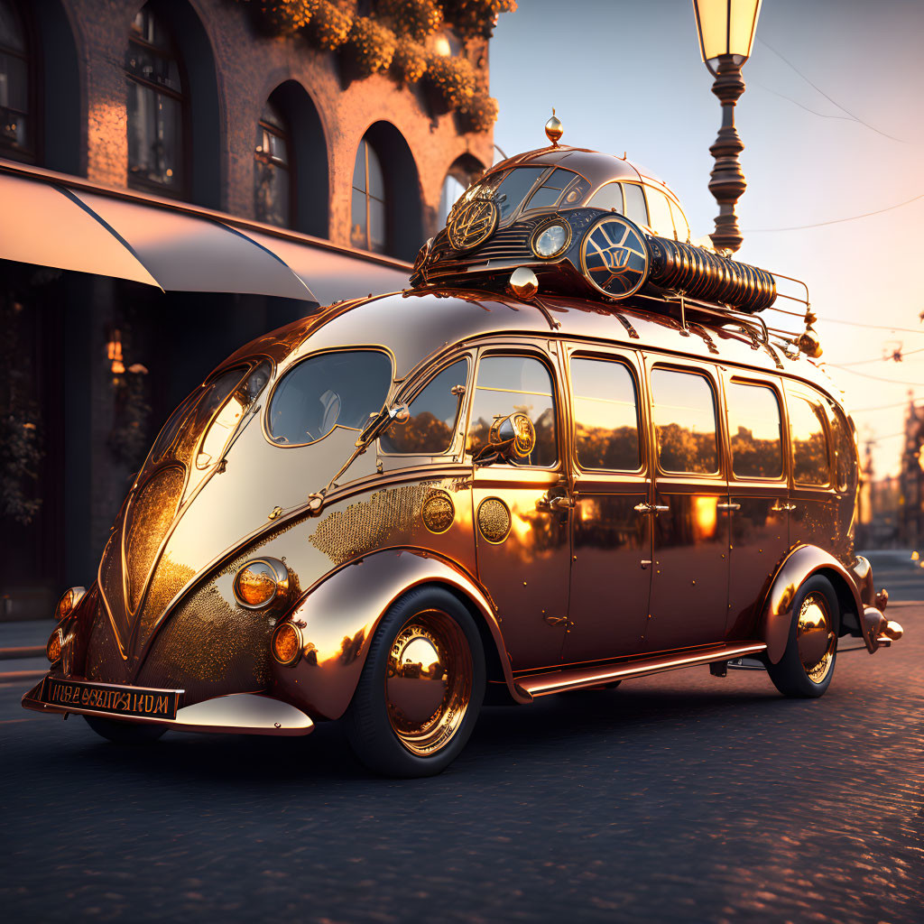 Steampunk-inspired elongated vehicle with vintage accents parked on quaint street at dusk