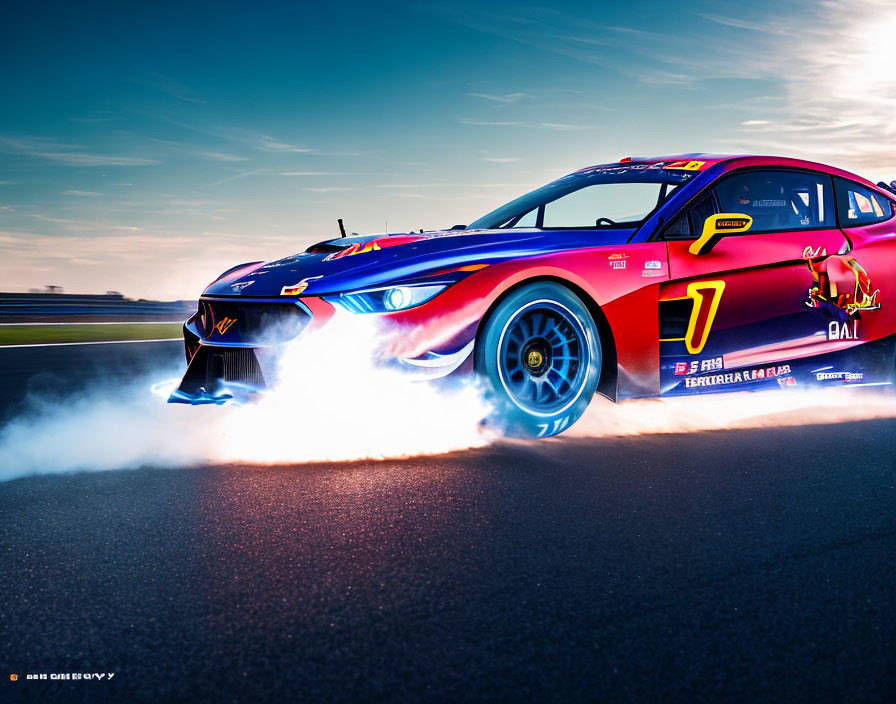 Colorful Race Car with Number 7 Decals and Spinning Tires in Blue Sky