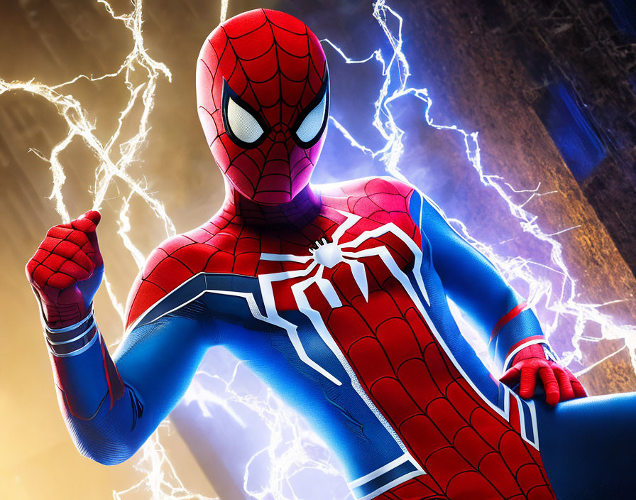 Superhero in dynamic pose with confident expression and lightning backdrop.