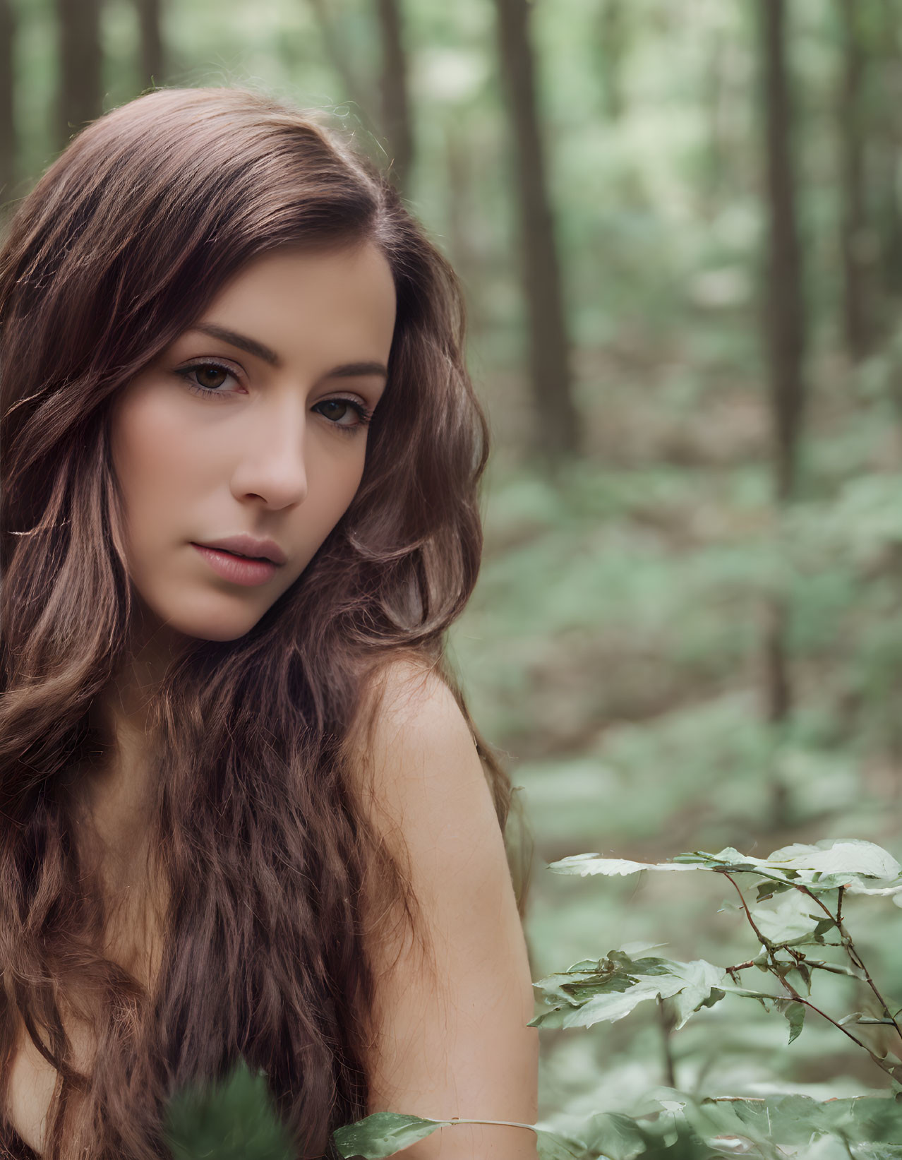 Woman with long brown hair in forest surrounded by green foliage