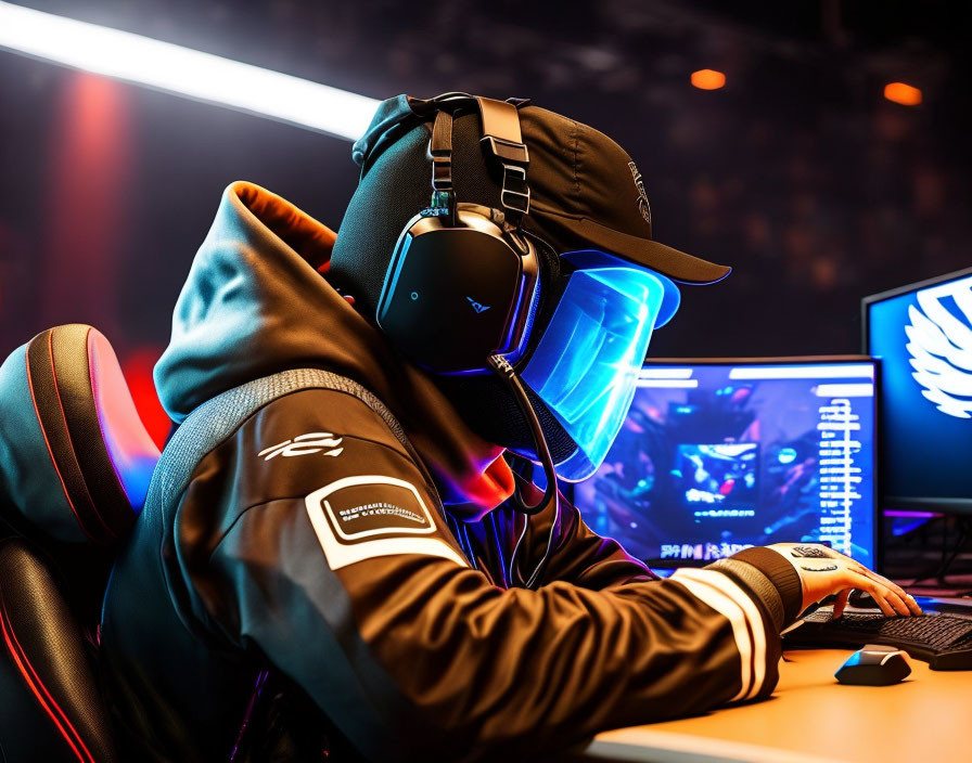 Gamer with cap and headset at desk with RGB lighting and graphics on screen wearing jacket with patches