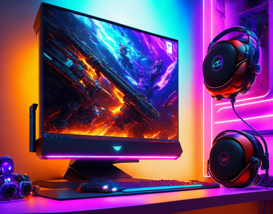 Colorful gaming setup with illuminated monitor, neon lights, speakers, and headset