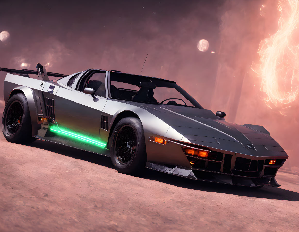 Black Sports Car with Neon Underglow Lights Against Red Nebula and Moons