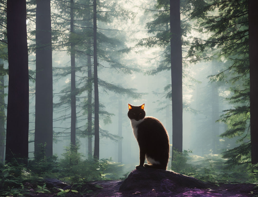 Cat on rock in misty forest with sunbeams filtering through tall trees