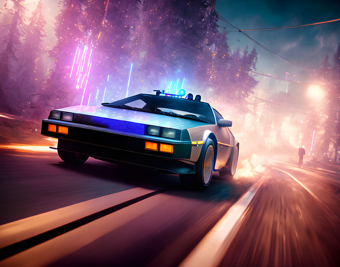 Futuristic Neon-Lit Car Speeding Through Colorful Forest