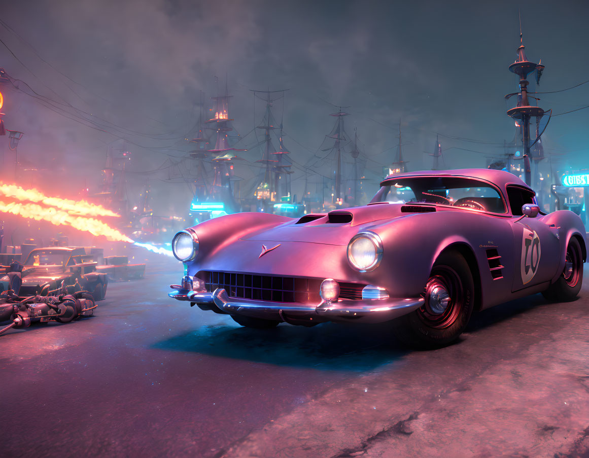 Classic car in futuristic neon-lit cityscape with explosion & ships