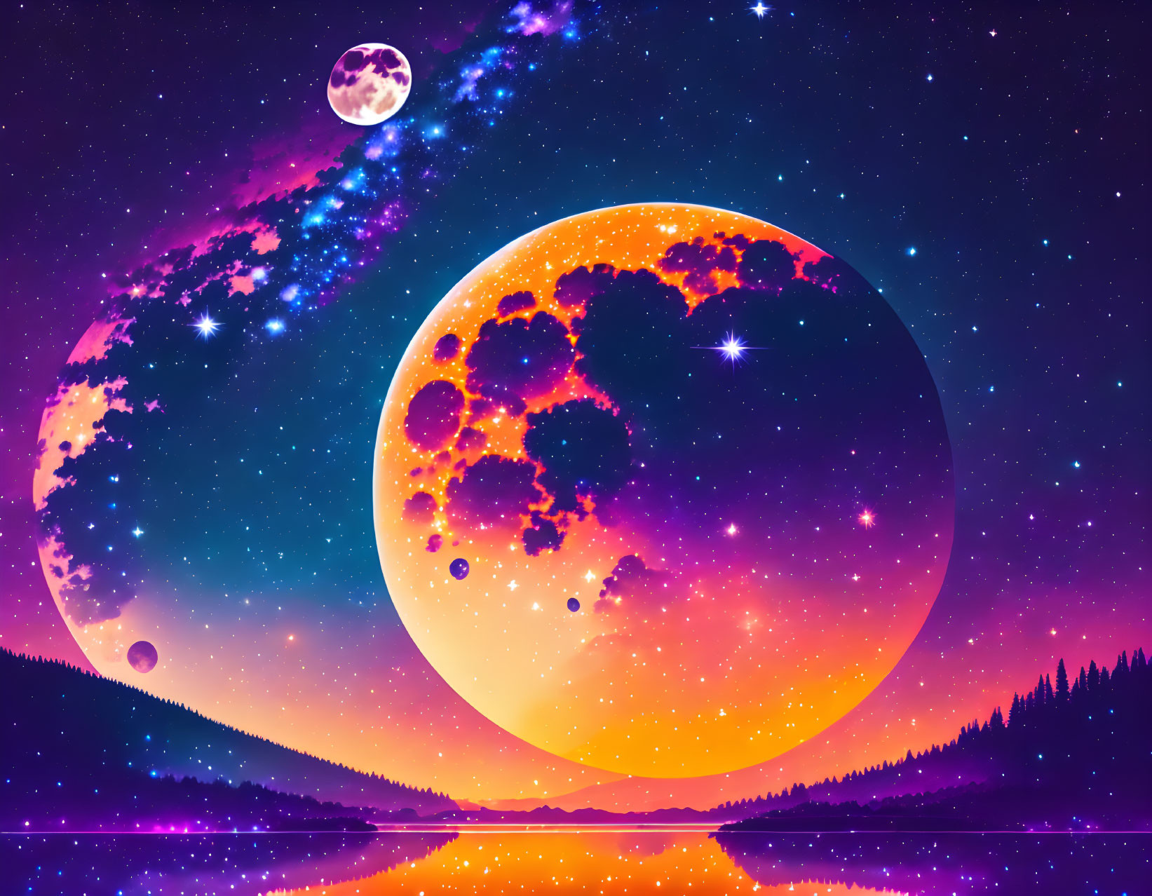 Digital Art: Oversized Moon & Celestial Bodies Reflecting on Lake