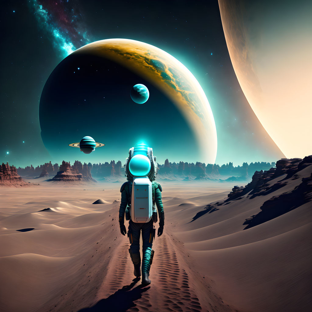 Astronaut on alien planet with ringed planet and moons in starlit sky