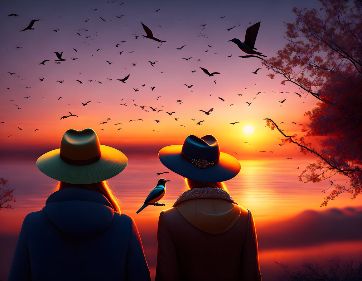 Two individuals in hats watching sunset by water with bird silhouettes and trees.