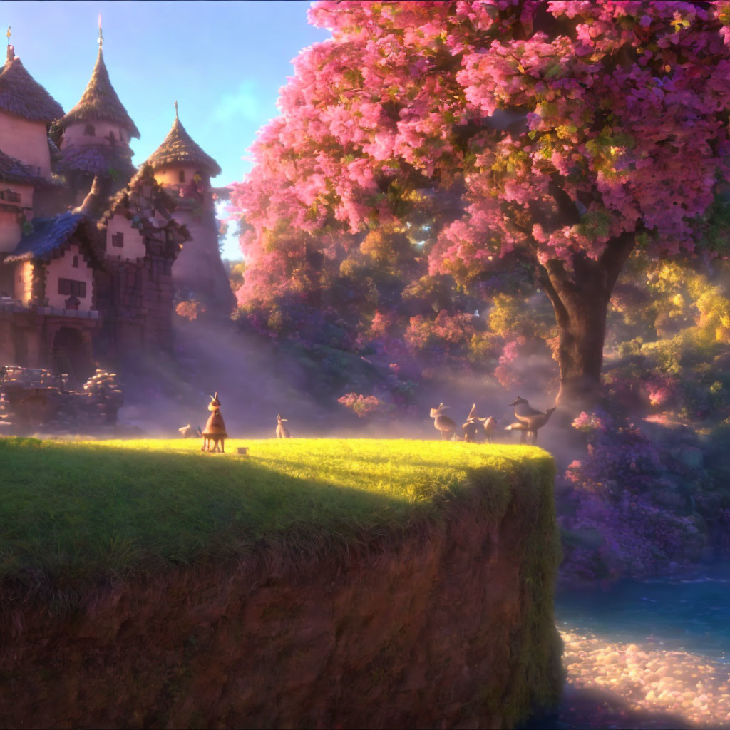 Animated scene of castle, pink trees, animals, and sunlight.