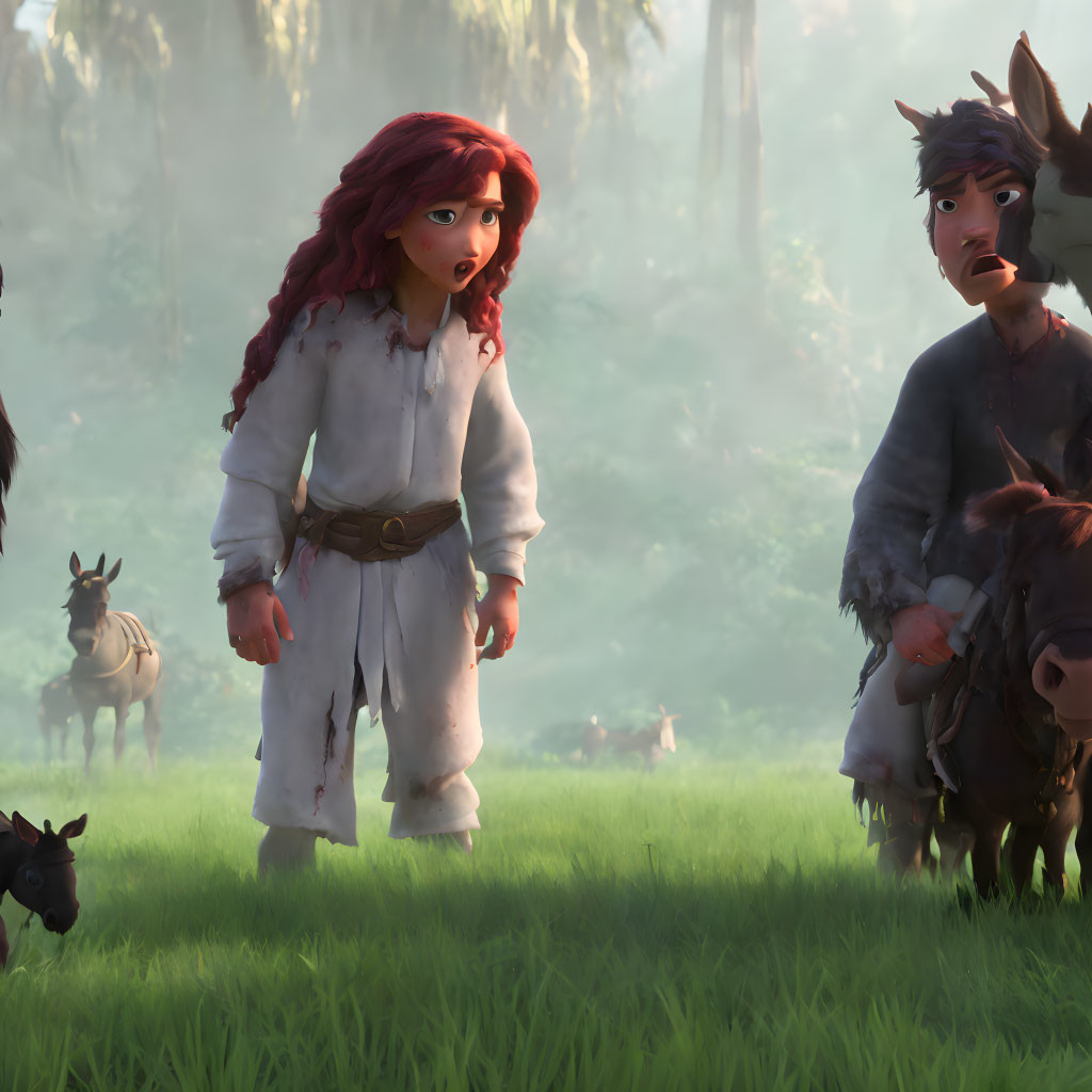 Red-haired animated girl in medieval forest with animals.