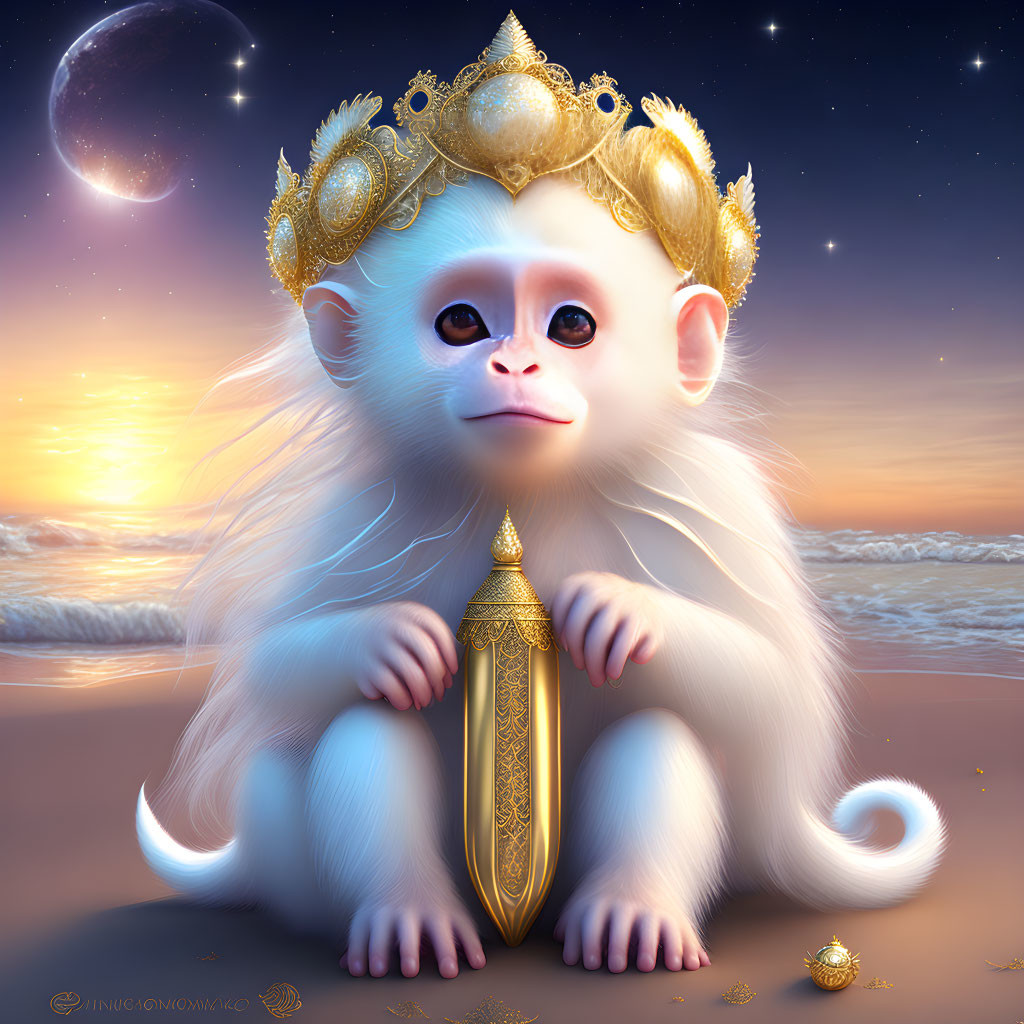 Whimsical white monkey with crown and scepter on beach at sunset