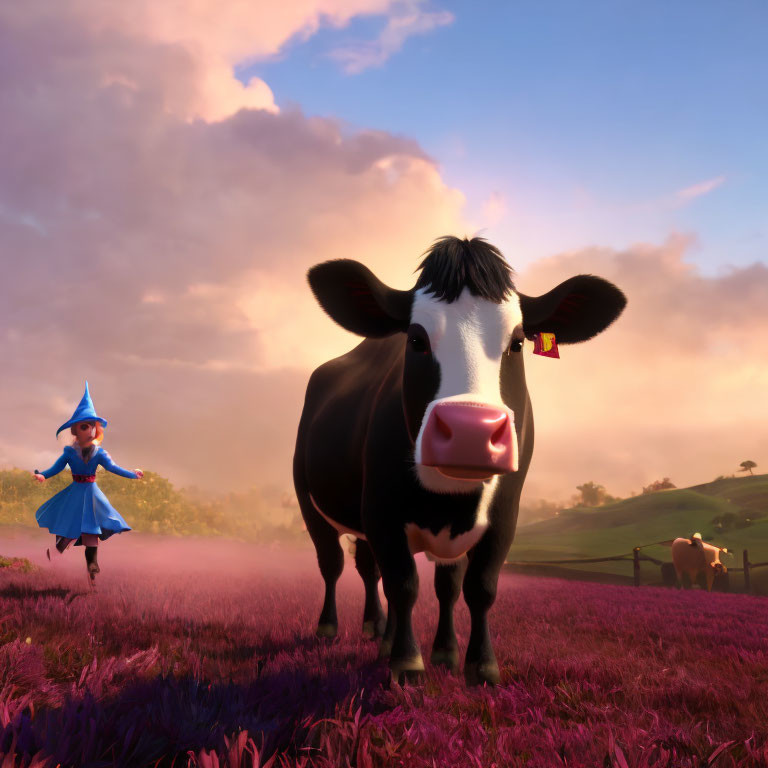 Cow and whimsical character in purple flower field at sunset