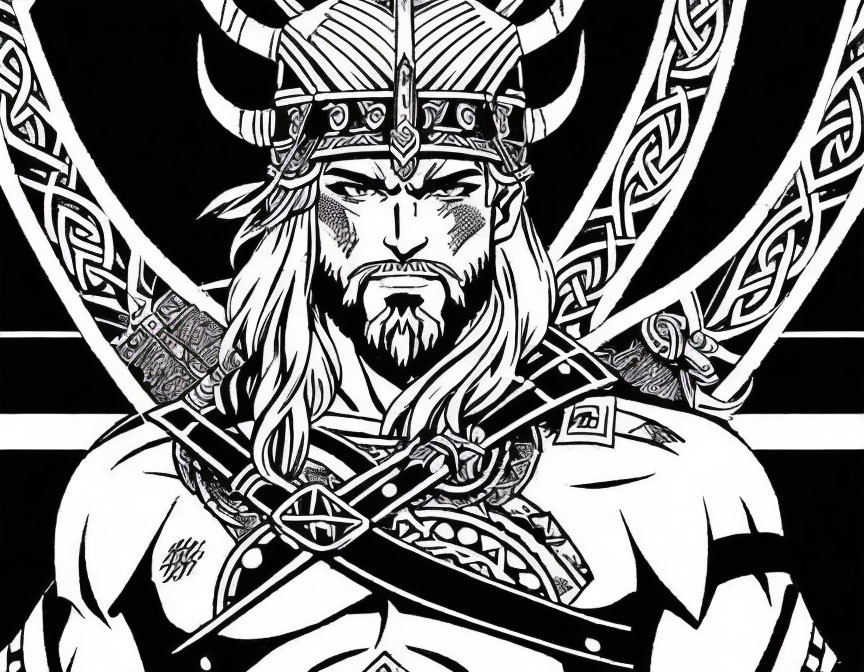 Monochrome illustration of stern warrior with horned helmet and crossed swords