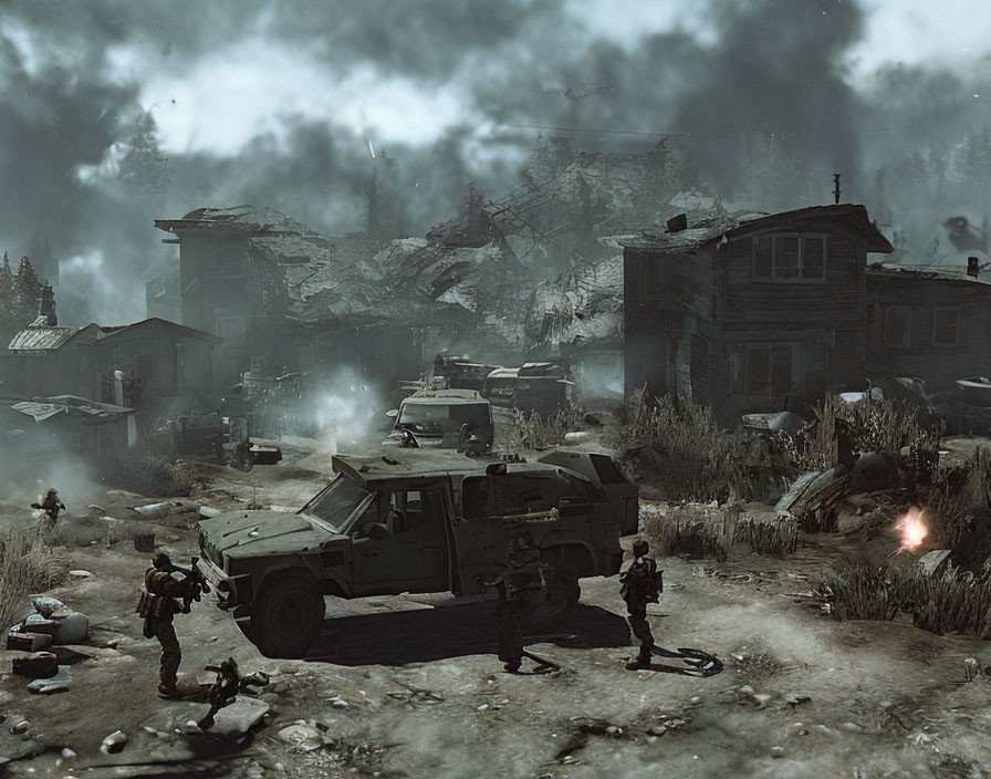 War-torn scene with soldiers, armored vehicles, and wreckage in smokey ruins.