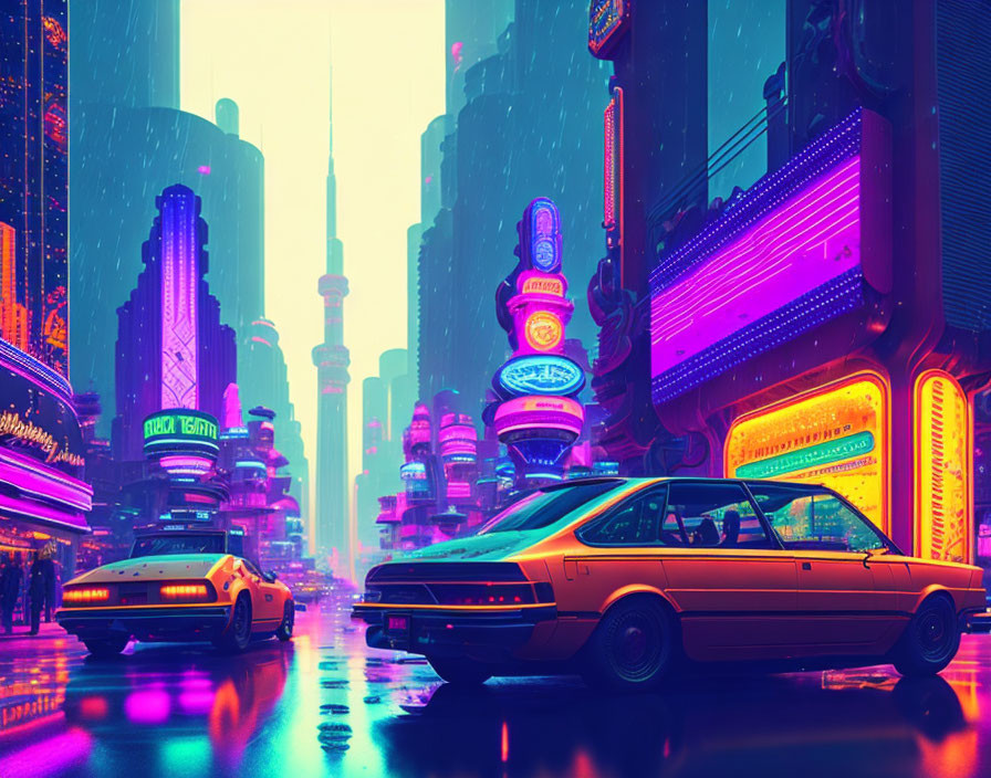 Neon-lit cyberpunk cityscape with retro-futuristic cars on rainy street