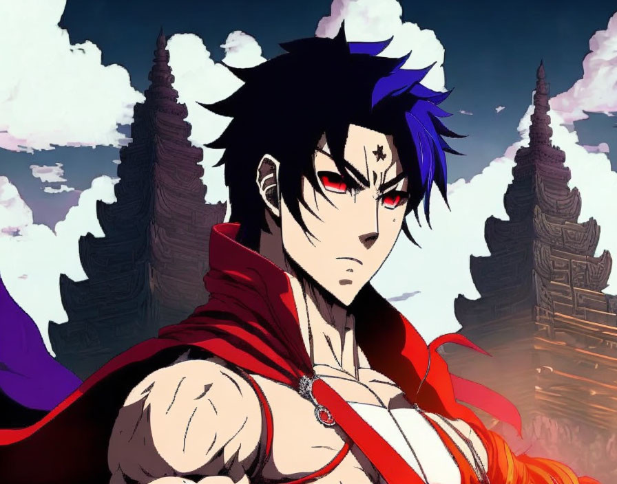 Spiky Blue-Haired Character in Red Cloak with Stern Expression