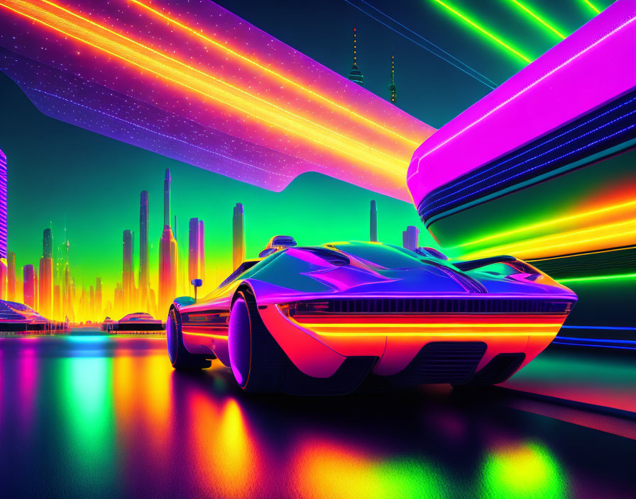 Futuristic cityscape at night with neon lights and concept car