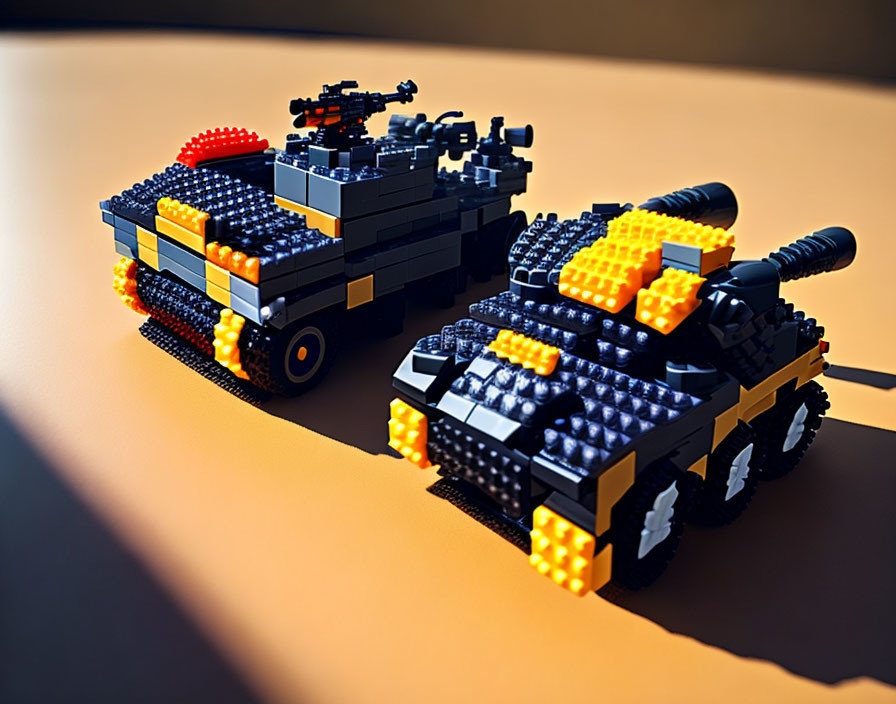 Building block toy tanks on brown surface under sunlight