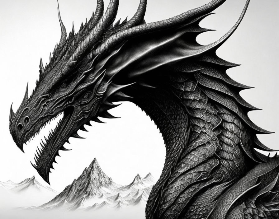 Detailed Black and White Drawing of Fierce Dragon Against Mountain Peaks