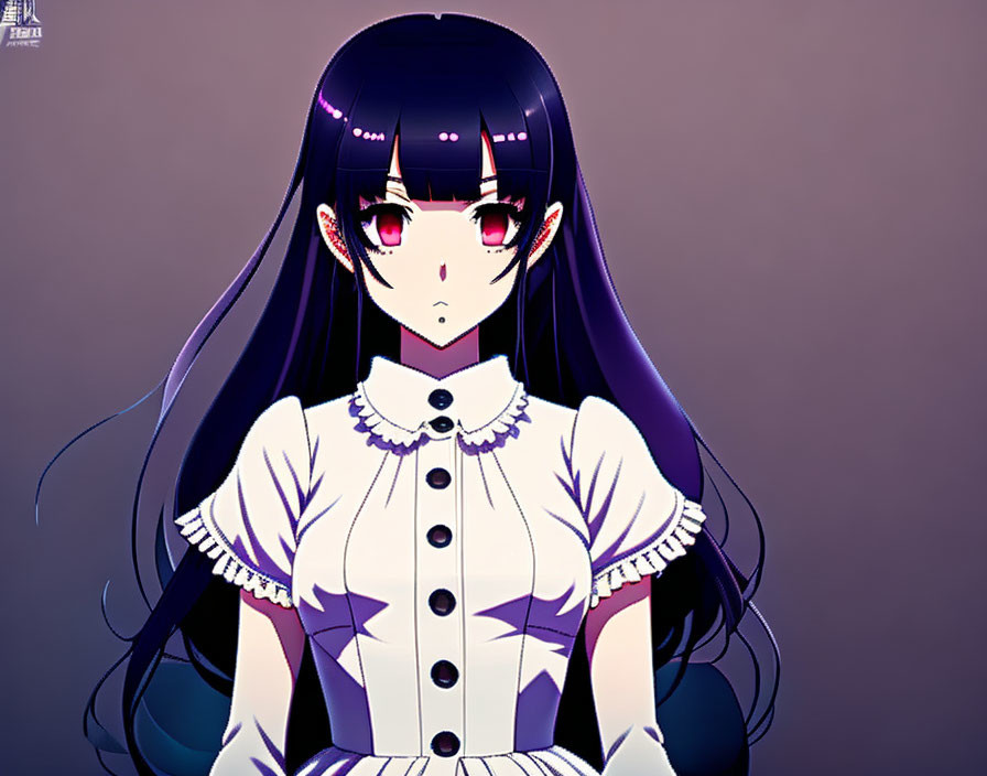 Anime-style Female Character with Long Black Hair and Red Eyes in White and Purple Maid Outfit on Purple