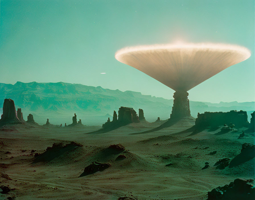 Desert landscape with mushroom cloud explosion in green-tinted sky