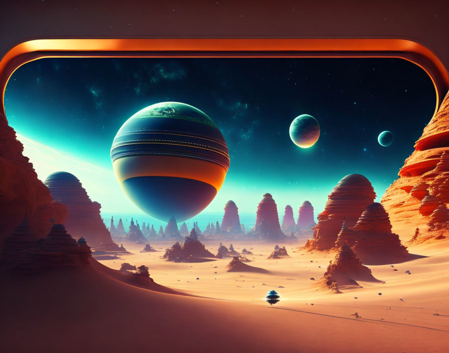 Orange Sky Desert Landscape with Ring Structure and Surreal Planets