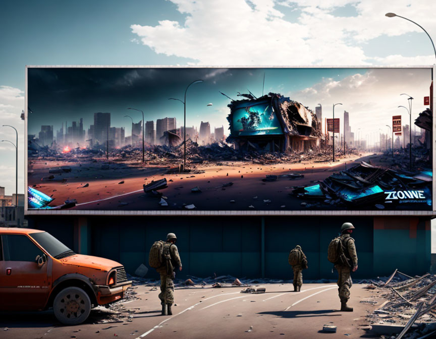 Post-apocalyptic billboard overlooking soldiers and damaged vehicle on deserted road