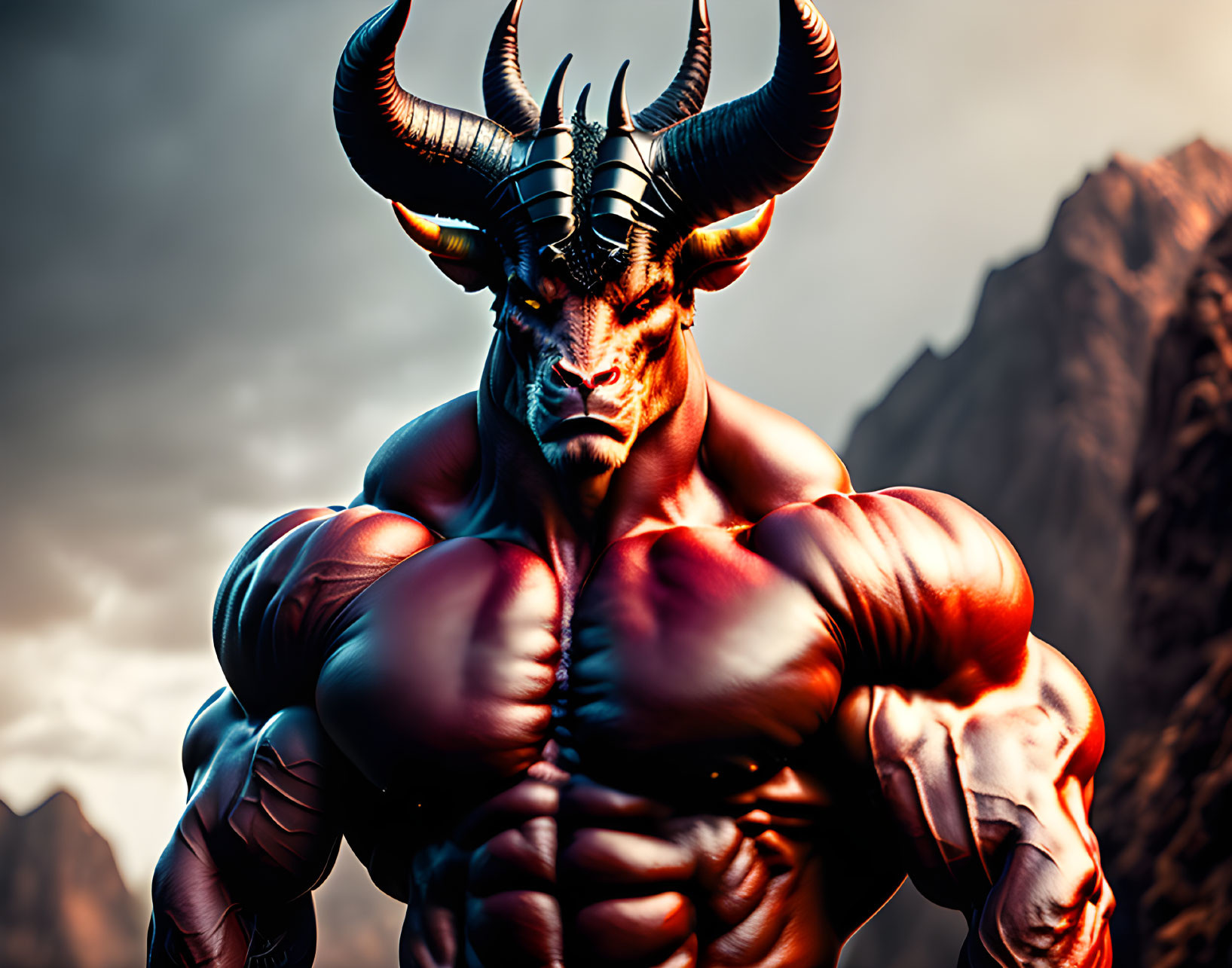 Red-skinned muscular character with black horns in front of mountains