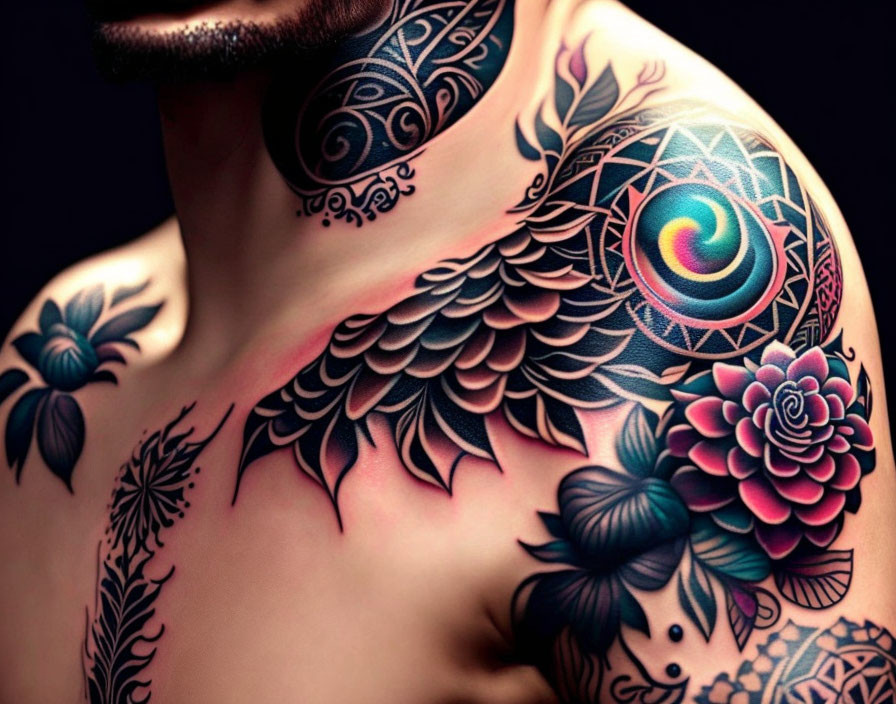 Detailed torso tattoos featuring various patterns and colorful mandala.