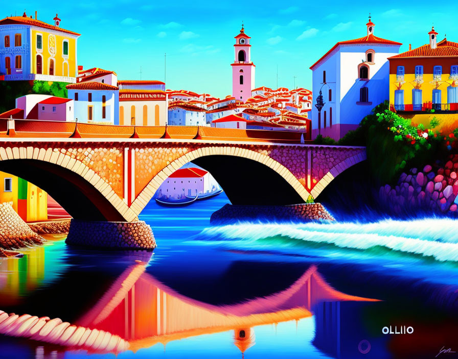 Colorful European Town Painting with Arched Bridge & Blue Sky