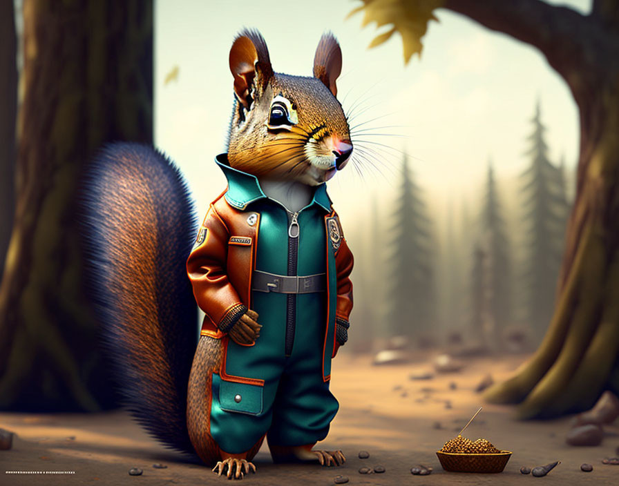 Stylish anthropomorphic squirrel in leather jacket by forest path